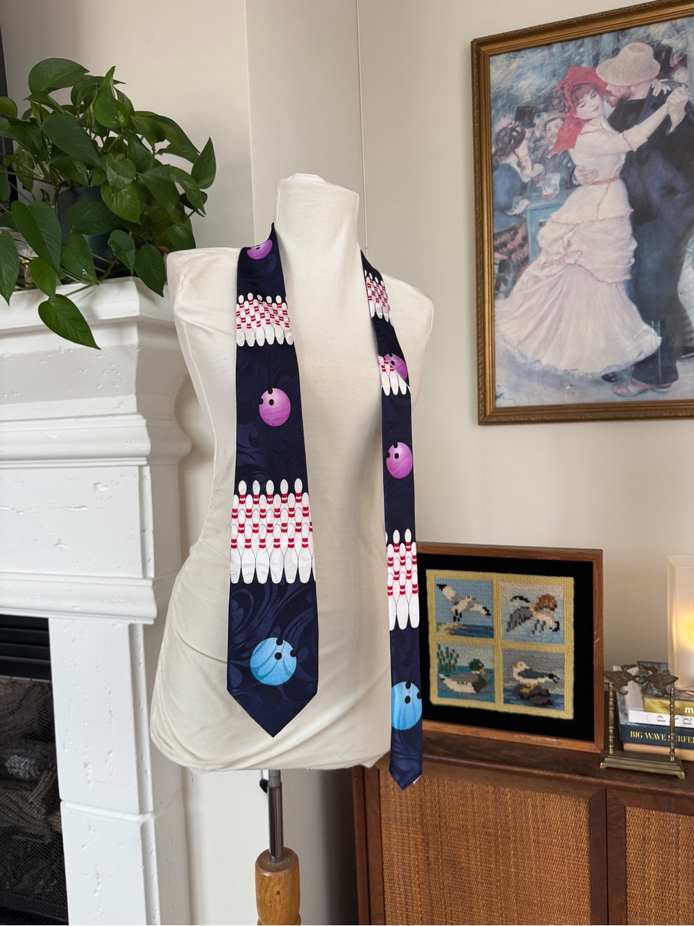 Navy Bowling-Themed Tie with Pink and Blue Bowling Balls